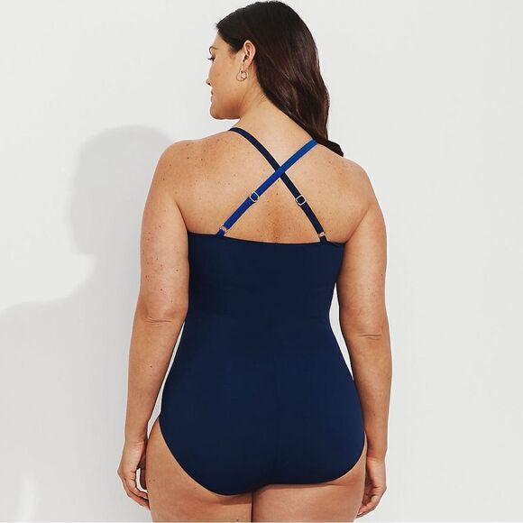 Land's End slender swimsuit pleated X back one piece swimsuit blue navy size 10 - Picture 3 of 5